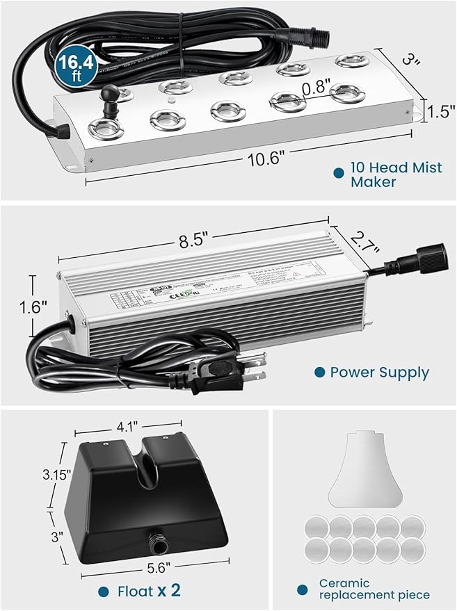 YORKING Ultrasonic Fogger, 10 Head Ultrasonic Mist Maker, 7000ml/H 350W Mist Maker Fogger with Buoy IP67 Waterproof Power Supply for Pond Garden Lawn Rockery Greenhouse Halloween Decoration