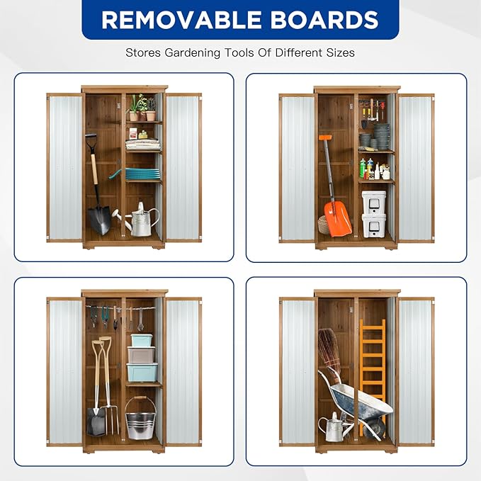 Outdoor Storage Cabinet Wood & Metal with Waterproof Roof, Garden Tool Shed with 3 Removable Shelves, 4 adjustable reinforced feet with metal brackets, 6 T-Hinge, magnetic door,15.6"D x 32.3"W x 66"H