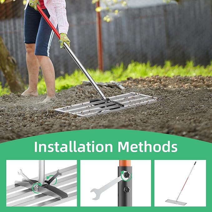 Lawn Leveling Rake 30"x10", Heavy-Duty Stainless Steel Yard Leveling Rake, Professional Soil Leveling Tool for Pastures, Golf Lawns, Gardens, Yards (Silver)