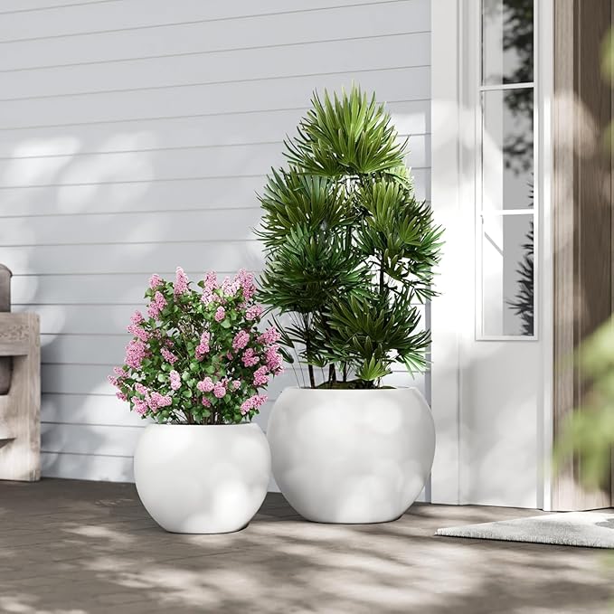 10 H x 14" Dia (10" Pot Opening) Round Fiberstone Planter with Drainage Hole, White, Indoor/Outdoor Large Plant Pot for Home Patio Garden, Ideal for Large Plants