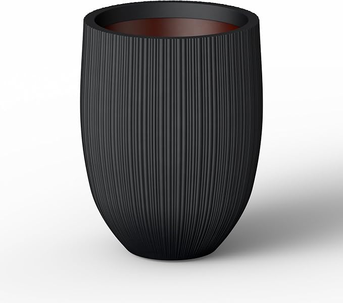 Kante Round Fluted Concrete Planter, 16.9-Inch Dia Barrel-Style Pot with Drainage Hole, Black Finish with Warm Brown Interior, 13.7" Opening, for Indoor and Outdoor Use