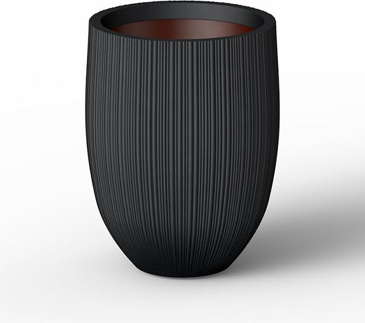 Kante Round Fluted Concrete Planter, 16.9-Inch Dia Barrel-Style Pot with Drainage Hole, Black Finish with Warm Brown Interior, 13.7" Opening, for Indoor and Outdoor Use