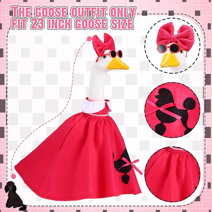 Outus Halloween Poodle Goose Outfits Funny 50s Poodle Skirt for Porch Goose Hot Pink 23 Inch Holiday Geese Cloth for Halloween Vintage 1950s Party Yard Garden Outdoor Decor