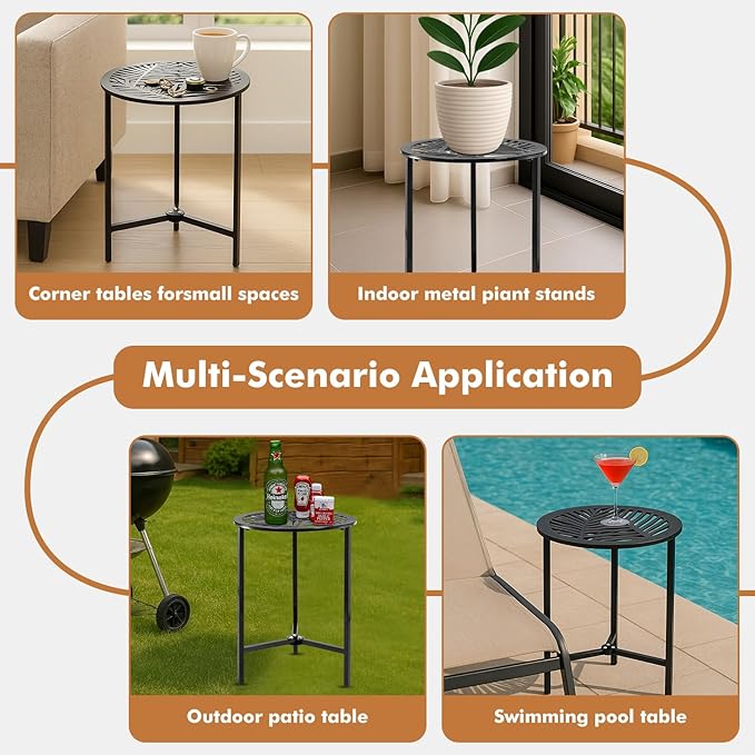 2 Packs 13" Metal Outdoor Side Tables Small Black Outside End Table for Patio Round Accent Corner Stand for Small Spaces Weather-Resistant Coffee Table for Balcony Porch Plant Stand, Pinna Form Leaf