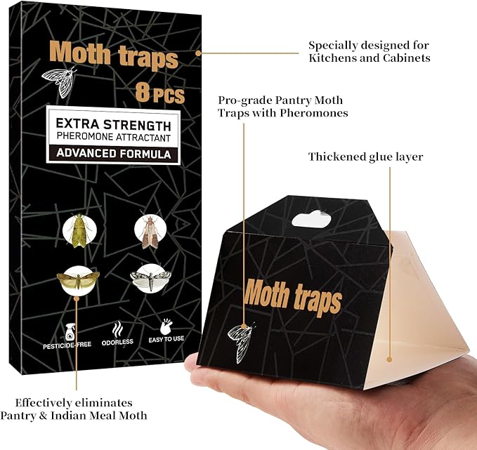 Upgraded Moth Traps, Double Potent Pantry & Clothes Traps with Pheromones Prime, No Toxic & Odorless Meal Moth Trap, Organic Sticky Moths Balls Repellent with Lure for Closet, Kitchens -8Pack