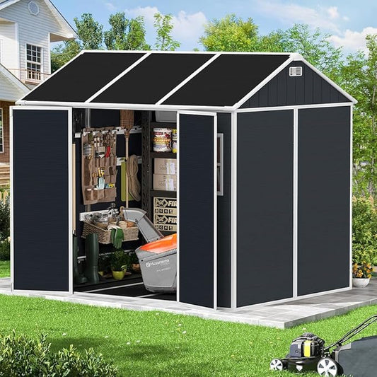 Resin Storage Shed 8x7ft, Large Tool Shed with Floor, Two-Window, Lockable Doors and Vents, 12mm Thick pp Board, Outdoor Storage Sheds for Patio, Garden, Backyard, Lawn (Dark Gray, 8 * 7ft)
