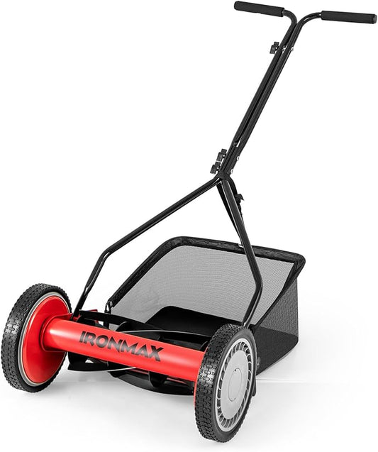 Goplus Manual Lawn Mower, 14 Inch 5-Blade Walk-Behind Cordless Grass Cutter with 7 Gallon Removable Grass Collect Bag, Adjustable Cutting Heights, Push Reel Lawn Mower for Yard, Garden