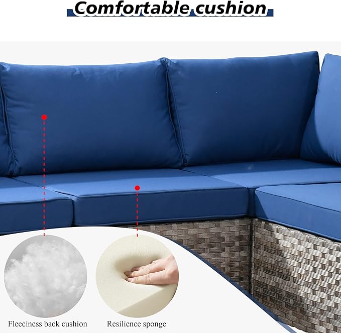 HOOOWOOO Modular Patio Outdoor Sectional Furniture Set with Gas Propane Fire Pit Table,7 Piece Wicker Conversation Sofa Set,Out Door Couch Set with Wide Arm Outside(Navy Blue)