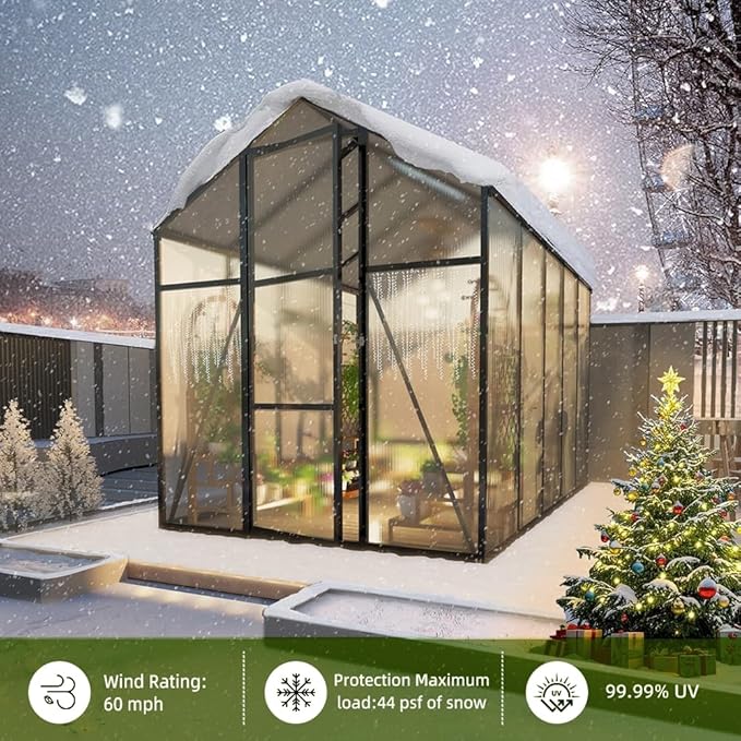 7.2FT High 6*8.2FT Greenhouse for Outdoors,Polycarbonate Greenhouse with Stronger Wind Protection and Roof Vent,Walk-in Large Aluminum Sunroom Winter Proof,Black
