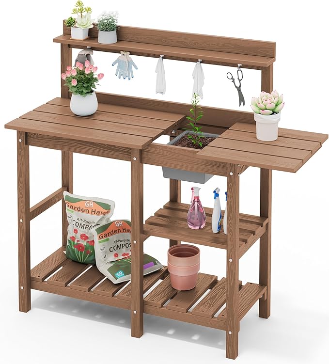SERWALL Potting Bench Set of 2 Outdoor Potting Table with Sink, HDPE Potting Benches for Outside Gardening Table All Weather Use- Brown
