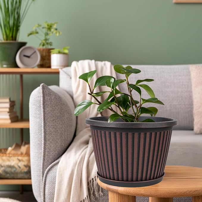 10 Inch Planter-Pots-for-Plants-Indoor-Outdoor, 4 Pack Plastic Flower Pots with Saucer & Drainage Holes, Modern Decorative Resin Garden Pots