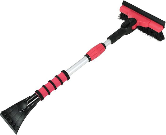 Mallory USA Mini Telescoping 35" Pivoting Dual Head Snow Broom with Squeegee, Integrated Ice Scraper (Red)