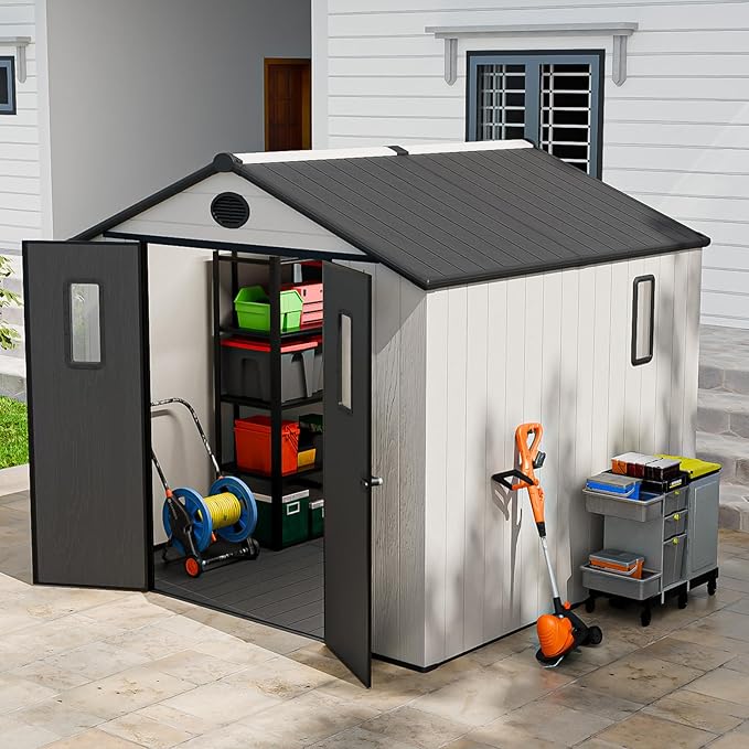 8x6 Resin Outdoor Storage Shed with Floor, Plastic Tool Shed for Gardening, Patio, and Deck, White/Gray