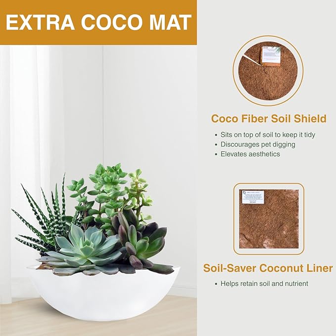 6.9" H x 19.7" D Round Bowl Fiberstone Planter for Succulent and Lotus, Drainage Hole, Weather Resistant for Indoor and Outdoor Use, Included 2 Extra Coco Mats (White, 17.9" Pot Opening)