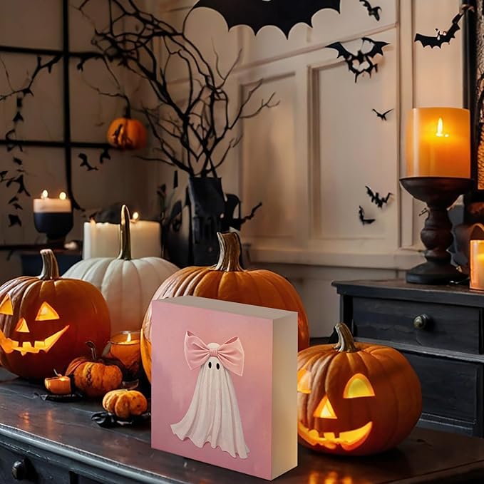 Mtrgdn Cute Halloween Decor,Halloween Decorations Indoor,Pink Ghost with Bow Desk Decor Wooden Box Sign,Halloween Home Office Kitchen Bathroom Bedroom Coffee Bar Table Shelf Wall Decorations,5x5 Inch
