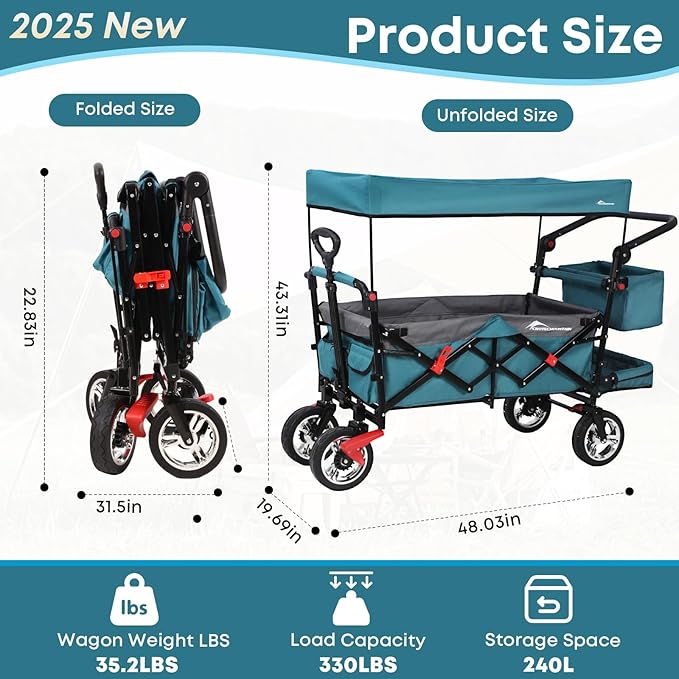 Collapsible Wagon with Canopy,330lbs Cart, Collapsible Foldable Garden Cart- with Adjustable Push Pulling Handles Outdoor Utility Wagon for Beach Garden Camping, Blue