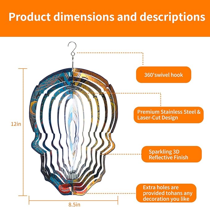 12 inch Halloween Decoration Skull Wind Spinner - 3D Metal Garden Spinner, Mandala Kinetic Art Outdoor Decor -Handcrafted Hanging Ornament for Outdoor,Patio, Yard，Garden