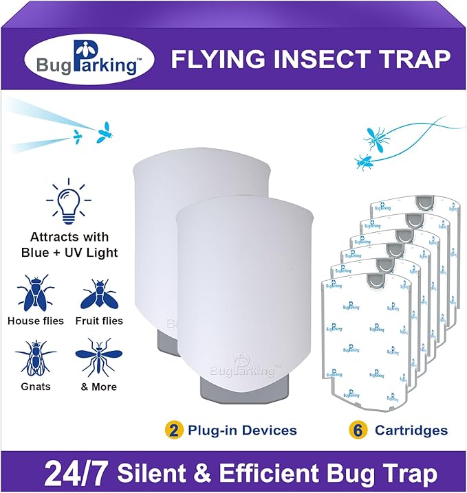 Flying Insect Trap for Indoors: Light Trap Captures Fruit Flies, Gnats, and Houseflies, Silent Bug Catcher with UV Light for Indoor-Plants, Kitchen, BUG PARKING 2 Plug-in Devices + 6 Cartridge Refills