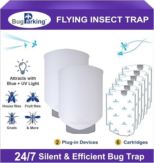 Flying Insect Trap for Indoors: Light Trap Captures Fruit Flies, Gnats, and Houseflies, Silent Bug Catcher with UV Light for Indoor-Plants, Kitchen, BUG PARKING 2 Plug-in Devices + 6 Cartridge Refills