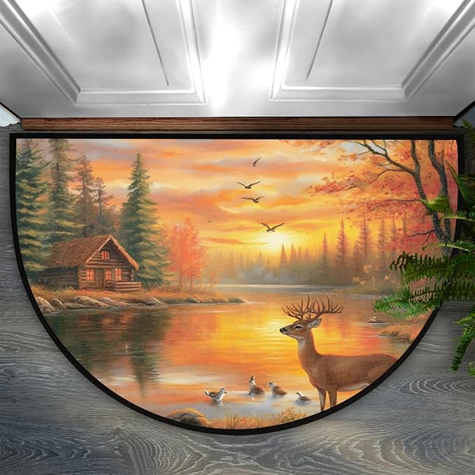 cfpolar Fall Non-Slip Soft Half Round Door Mat, Autumn Deer Maple Forest Semicircle Mat for Indoor Entrance Garage Bath Living Room Patio 24 x 36 in