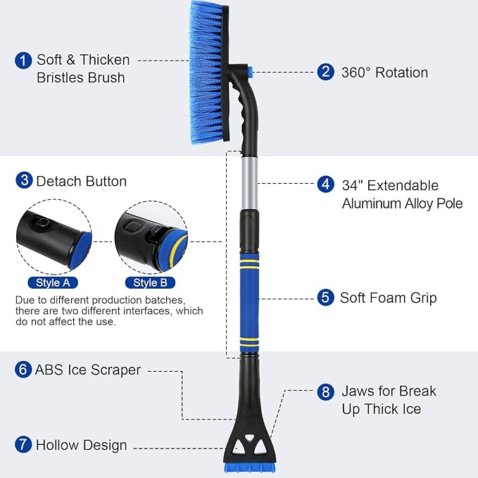 2Pack Ice Scrapers for Car Windshield, 2-in-1 Snow Scraper and Snow Brush for Car SUV Truck, Car Ice Windshield Scraper for Ice and Snow with 360° Pivoting Brush and Ergonomic Foam Grip Blue