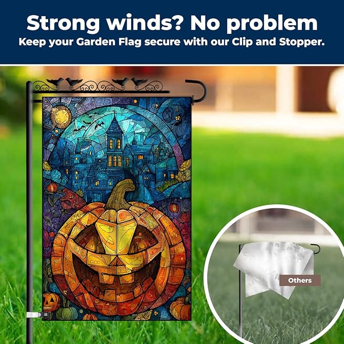 Halloween Garden Flag 12x18 – Double Sided Burlap Flag with Pumpkin & Stained Glass Design –Fall Outdoor Yard Decor for Halloween