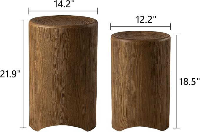 COSIEST Concrete Side Table, Set of 2 Round Outdoor Side Tables, Decorative Garden Stools for Indoor Outdoor, Accent Table Patio Side Table Nesting End Table w Light Oak Colored Faux Wood