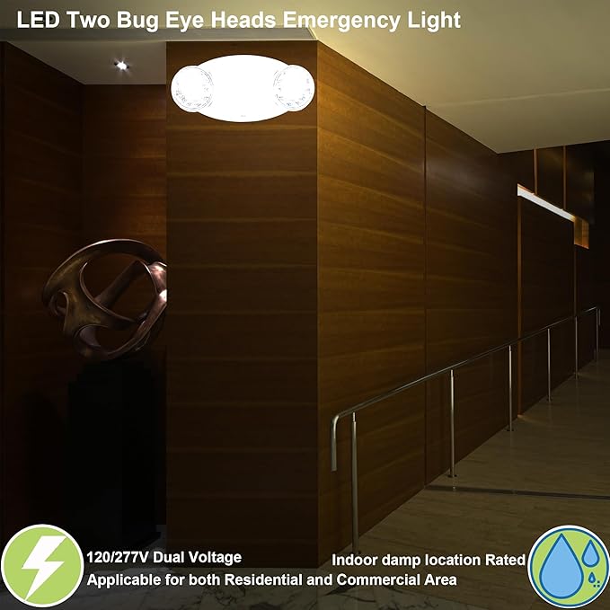 LIT-PaTH LED Emergency Lighting Fixtures with 2 LED Bug Eye Heads and Back Up Batteries- US Standard Exit Light, UL 924 and CEC Qualified, 120/277 Voltage, White, 2-Pack