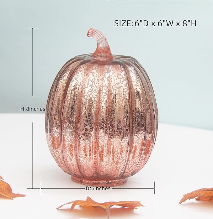 Mercury Glass Pumpkin Lights with Timer, Battery Operated Led Pumpkin Lights for Halloween Fall,Thanksgiving Rustic Decor (Rosegold Common, 8")
