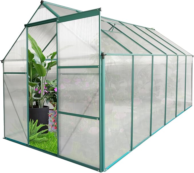 6x12 FT Greenhouse Outdoor Polycarbonate Hot House,Garden Plants Houses with Raised Base,Sliding Door and Adjustable Vent Roof for Patio,Easy to Install,Green