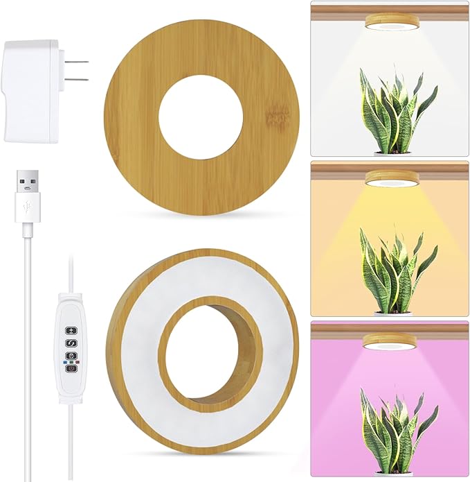 Grow Light for Indoor Plants, 96 LEDs Full Spectrum Halo Plant Light with Auto On/Off Timer (4/8/12H), 10-Level Dimmable, 3 Lighting Modes for Small Plants, Bamboo (3.6 inch Dual Head)