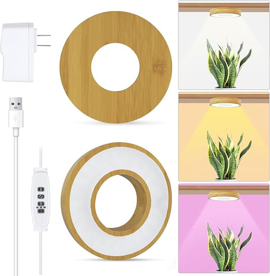 Grow Light for Indoor Plants, 96 LEDs Full Spectrum Halo Plant Light with Auto On/Off Timer (4/8/12H), 10-Level Dimmable, 3 Lighting Modes for Small Plants, Bamboo (3.6 inch Dual Head)