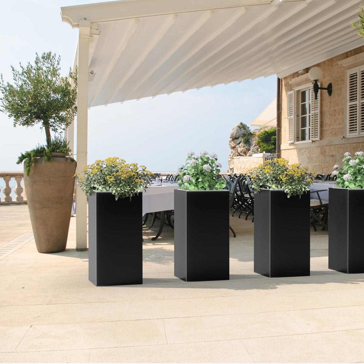 Tall Metal Planter Box for Outdoor Plants 15" L x 15" W x 30" H 2 Pack, Heavy Duty Steel Planter Box with Removable Insert Shelf, Rectangular Planters for Porch, Garden, Yard, Hotel (Black)