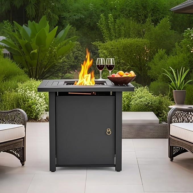 30'' Propane Fire Pit Table, 50,000 BTU Fire Table with Steel Lid, Big Legs, Blue Glass Stones.