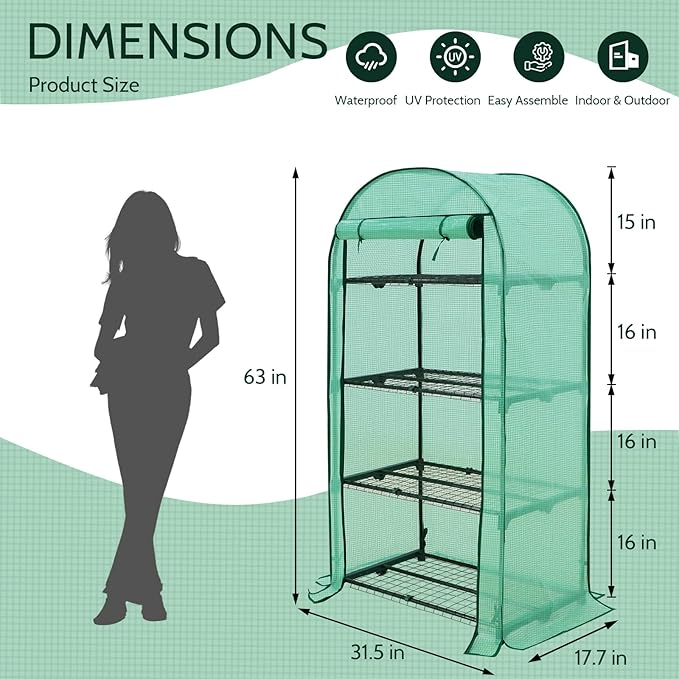 EAGLE PEAK Mini Greenhouse with Wire Shelves, Portable Indoor & Outdoor Green House with Roll-Up Zipper Door, 4 Tier, 31.5”x17.7”x63.0”, Green PE Cover