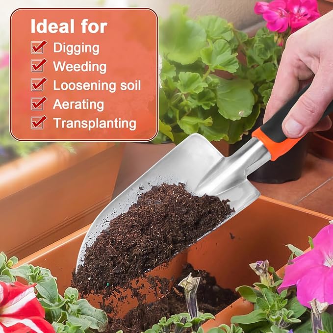Garden Shovel Garden Hand Trowel, Heavy Duty Hand Shovel with Ergonomic Handle, Small Gardening Tools for Digging, Rust Resistant Gardening Spade Trowel Tools, Orange