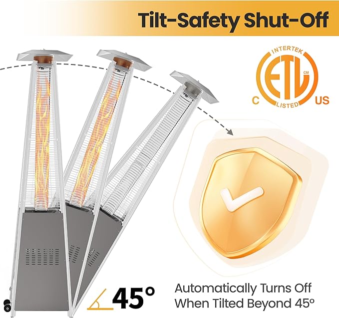 Patio Heater, 48,000 BTU Pyramid Flame Outdoor Propane Heater with Borosilicate Glass Tube, Wheels & Weatherproof Cover, CSA Certified for Backyard, Garden, Porch (Silver Gray)