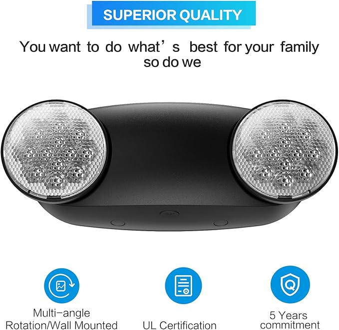 1 Pack Led Black Emergency Light with Battery Backup Round 2 Heads -UL Certified Emergency Exit Sign-120 277V Indoor Emergency Exit Lights for Home Power Failure & Business.