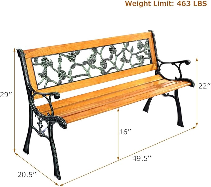 S AFSTAR Outdoor Garden Bench, Outside Porch Loveseat with Rose Cast Backrest & Stable Metal Legs, 2-3 Person Park Bench, Weather Proof Outdoor Bench for Patio Garden Backyard Poolside
