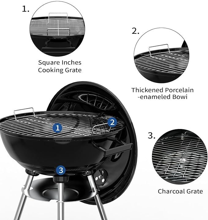 18 Inch Portable Charcoal Grill, Heavy Duty Kettle BBQ Smoker with Built-in Thermometer & Removable Water-Rinsable Ash Catcher for Outdoor Camping, Patio, Backyard, and Tailgating