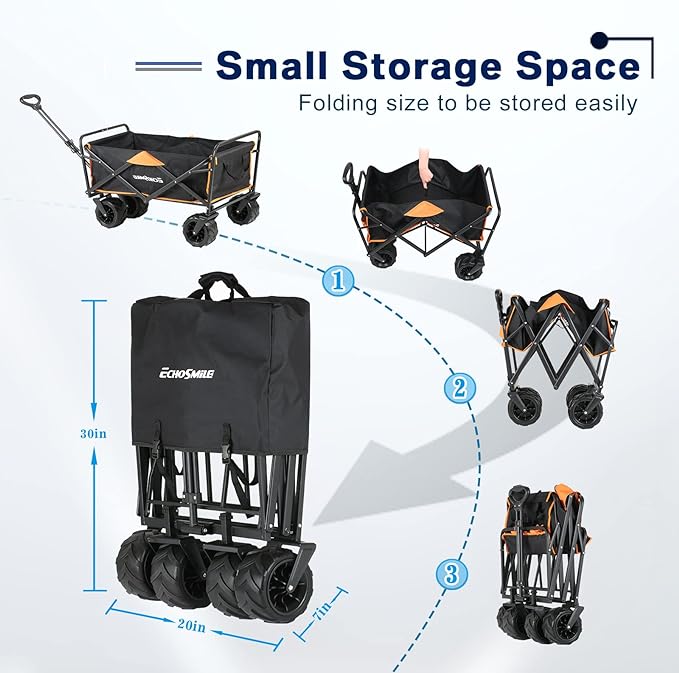 EchoSmile Heavy Duty 350 Lbs Capacity Collapsible Wagon, Outdoor Folding Camping Wagons, Grocery Portable Utility Cart, Adjustable Rolling Carts, All Terrain Sports Wagon with Big Wheels by Boahaus