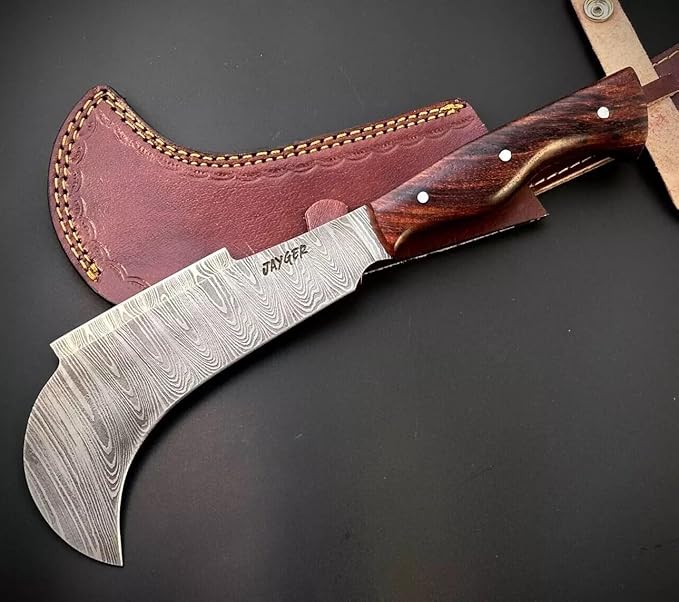 Hand Forged Damascus Steel Billhook Machete Knife – Heavy Duty Sickle Garden Tool for Cutting Trees, Yard Work, Weeding, and Camping – Survival Machete with Leather Sheath and Belt Loop
