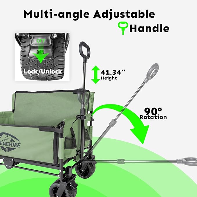 3-in-1 Large Collapsible Folding Wagon, BENEHIKE Foldable Beach Wagon with Rotated Wheels, 500lbs/225L Outdoor Utility Wagon Convert to Bench for Sand, Groceries, Camping, Sports, Shopping (Green)
