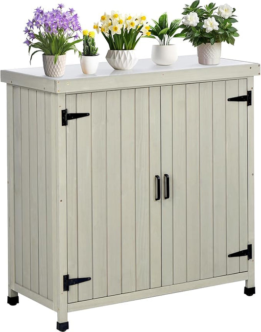 Outdoor Potting Bench with Storage, Small Outdoor Cabinet & Deck Storage Cabinet with Metal Tabletop & Large Garden Storage