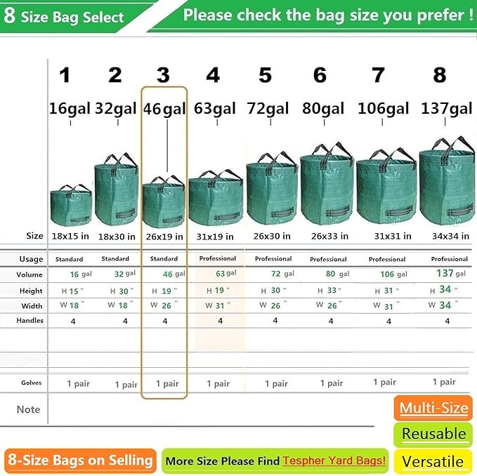 Standard 3-Pack 46 Gallon Yard Garden Bags (D26, H19 inch) with Garden Gloves, Yard Waste Bags,Recycling Bag,Camping Waste Bin,Laundry Bag,Lawn Debris,Grass Clippings,Leaf Bags,Weeds Barrel 4 Handles
