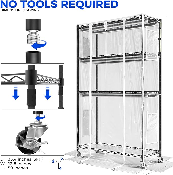 Barrina CX5Z Indoor Greenhouse with Grow Light, 6PCS 30W per Light Full Spectrum T8 Plant Lights, 4-Tier Portable Metal Plant Stand Tent and Thermometer for Seed Starting, 35.4x13.8x59IN