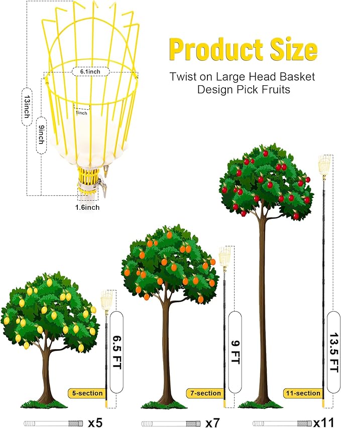 9FT Fruit Picker, Apple Picker Tool with Adjustable Pole and Basket, Long Reach Mango Grabber Tool, Tree Fruit Catcher for Picking Lemon Pear Orange Avocado Peach Citrus