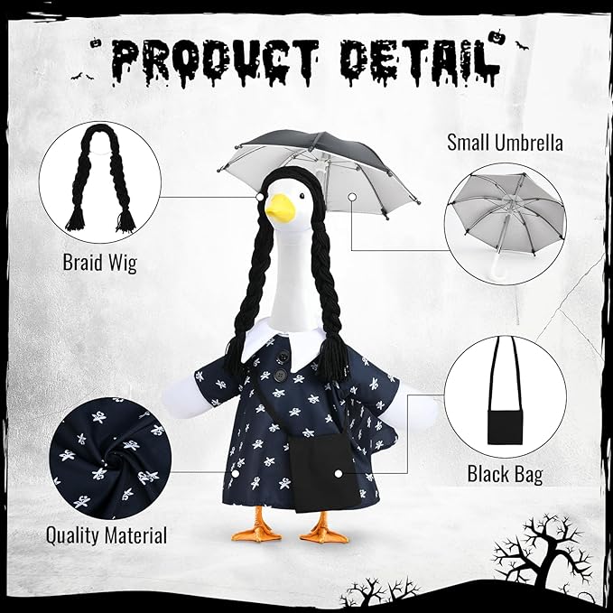Halloween Porch Goose Outfits, Halloween Addams Black Dress Goose Outfits for 23” Porch Goose Statue, Outdoor Decoration for Porch Yard and Patio