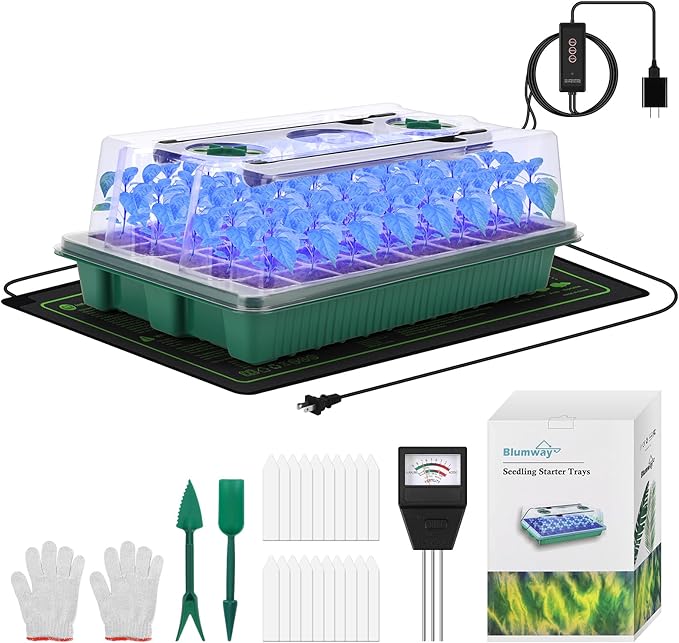 BlumWay 4-in-1 Seed Starter Tray with Grow Light &Heat Mat & Soil Meter Set,40-Cells Seedling Tray with Humidity Dome for Indoor Plant