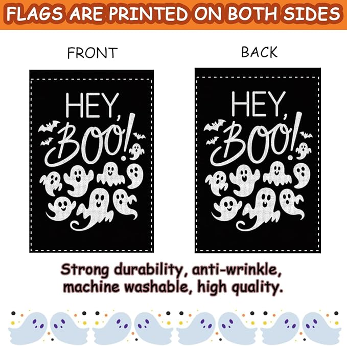 Fokongna Interesting Halloween Ghost Garden Flag, Halloween bat Ghost Hey Boo Garden Flag, 12x18 Inch Burlap Vertical Double Sided Flags, for Home Yard Outside Decorations